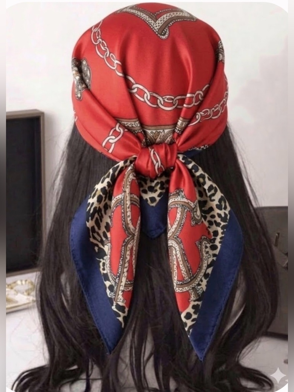 Silk-Feel Red Chain Print Headscarf with Leopard Accent